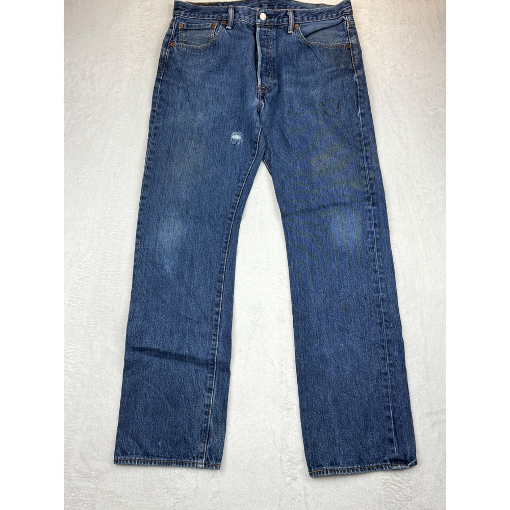 Levis 501 Mens 34x32 Vintage Styled Jeans‎ Blue Light Distressed Denim